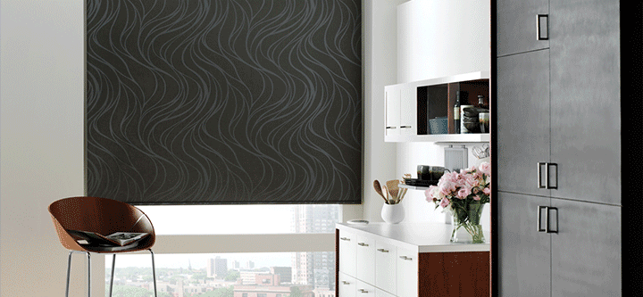 designer roller shades with black patterned fabric in chicago condo