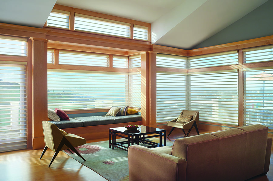 before and after of covered floor to ceiling windows in Chicago with sheer shades