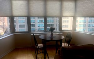 Chicago condo with honeycomb shades in kitchen area