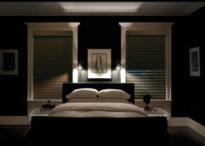 bedroom with room darkening dual shades in Portland OR