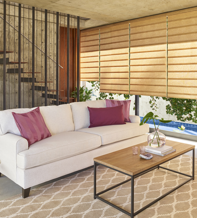 living room vignette modern roman shades Hunter Douglas floor to ceiling blinds Chicago 60654