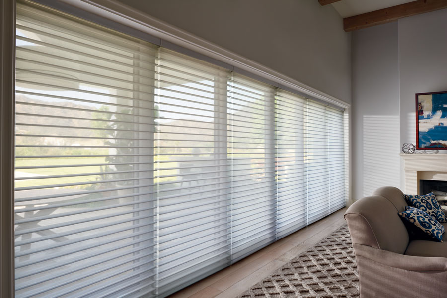 wall to wall windows in Vancouver WA home covered with silhouette sheer shades 