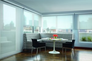 custom roller shades view through on wall to wall windows and sliding door in Chicago IL
