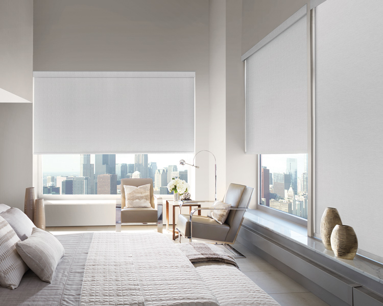 white bedroom roller shades Hunter Douglas smart shades Portland 97201