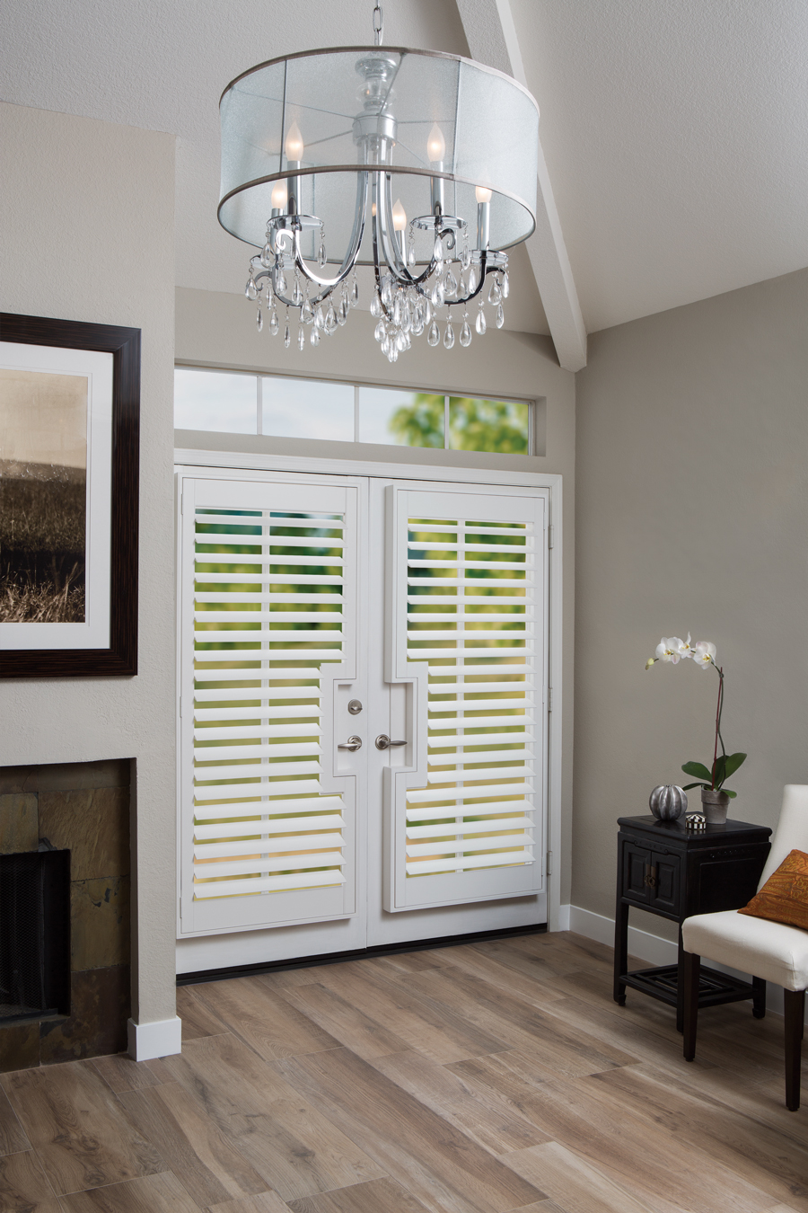 greige walls in entryway with white french door shutters in Portland OR