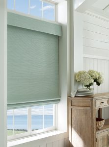 neutral coastal decor green woven shades Portland OR