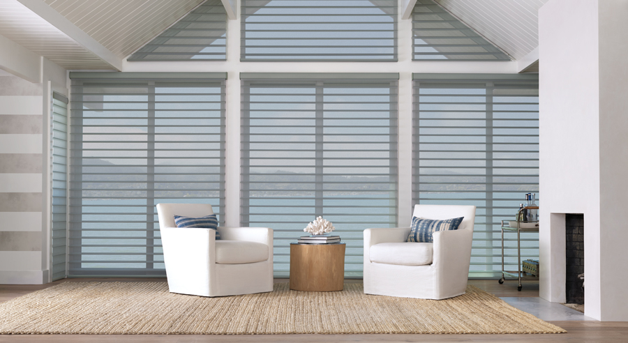 window problems solved with silhouette shades on large windows and coastal decor design tips Chicago 60611