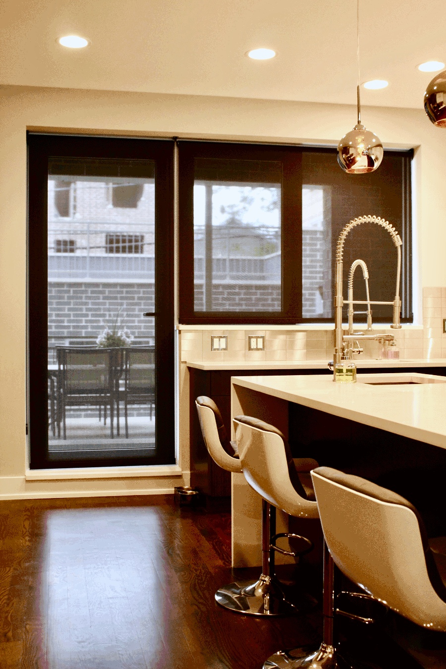 modern kitchen design copper lighting screen shades Hunter Douglas Chicago 60657