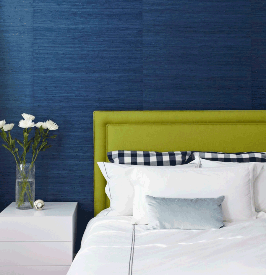 blue grasscloth bedroom wall green headboard