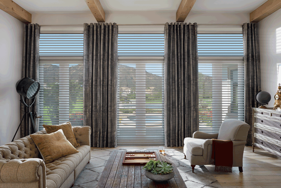 Hunter Douglas silhouette shades covering floor to ceiling windows Vancouver 98664