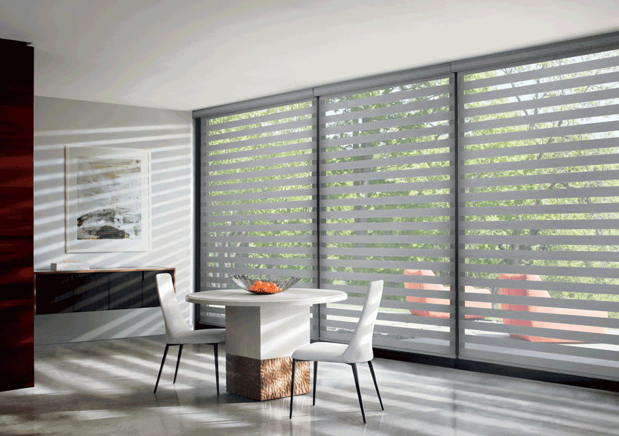 hunter douglas banded shades covering floor to ceiling windows Naperville 60540