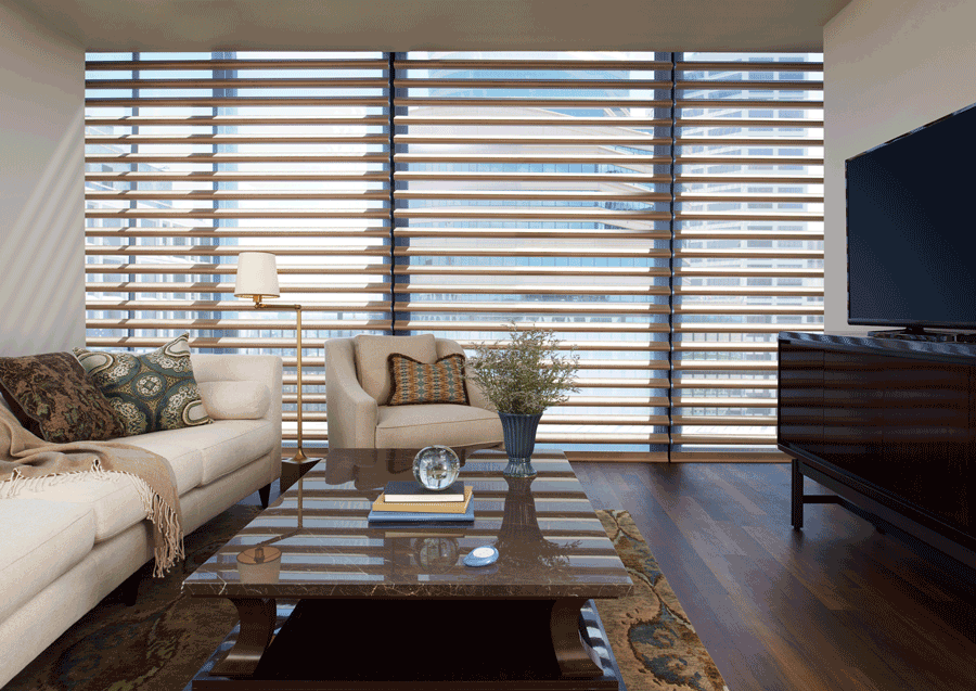 Hunter Douglas pirouette shades covering floor to ceiling windows Chicago 60614