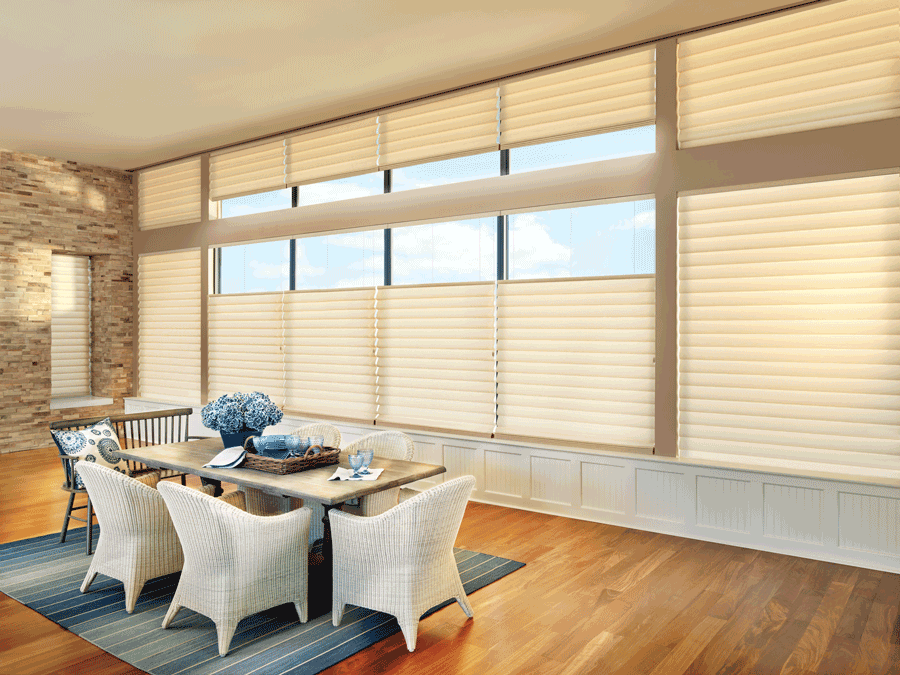 Hunter Douglas top down bottom up shades covering floor to ceiling windows Portland 97201