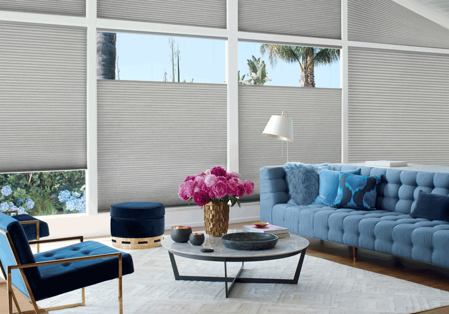 living room blue gray Hunter Douglas top down shades Portland 97201