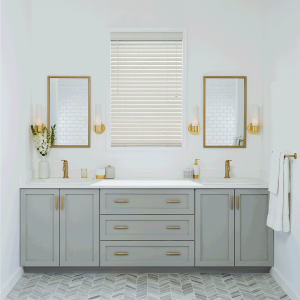 summer ready home contemporary guest bath gray cabinet brass pulls Hunter Douglas blinds Portland 97201