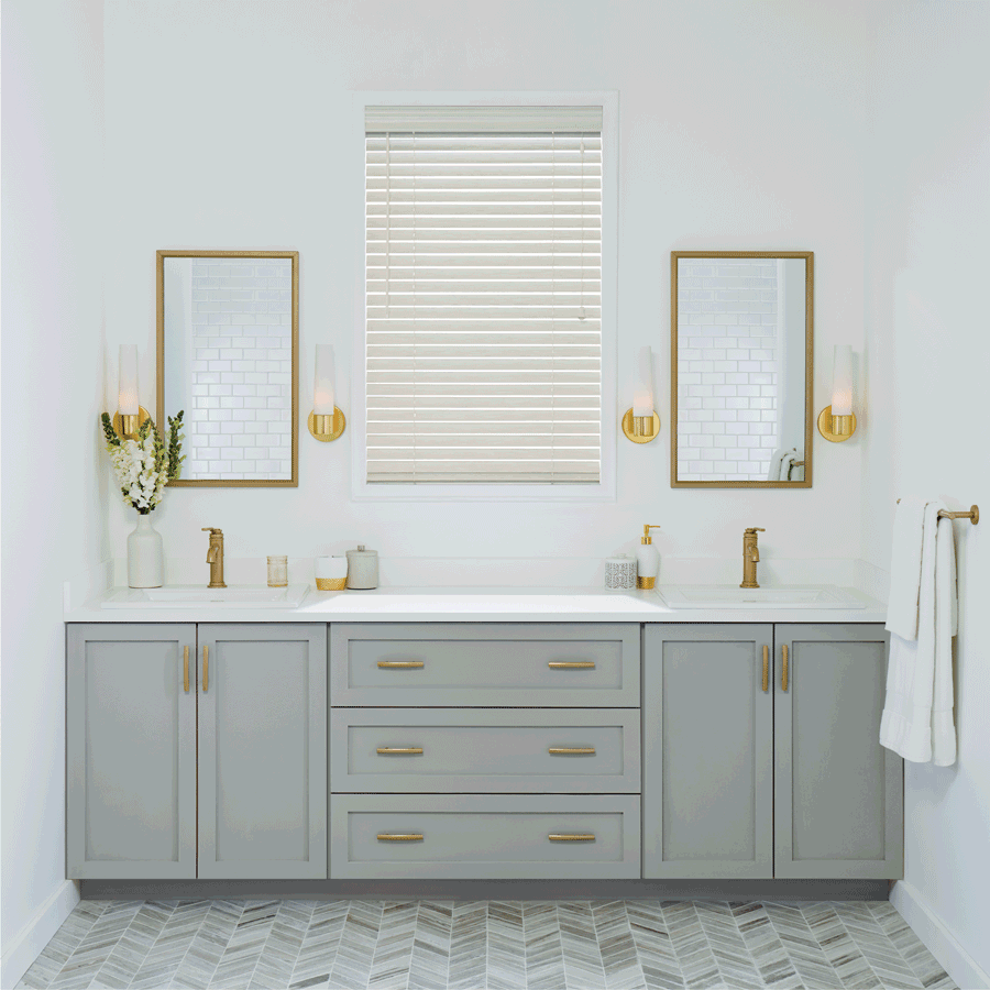 guest ready home contemporary guest bath gray cabinet brass pulls Hunter Douglas blinds Portland 97201