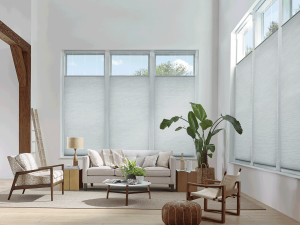 contemporary living room with gray top down shades Portland 97201