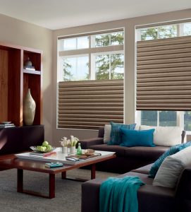 living room top down bottom solera soft roman shades Hunter Douglas Chicago 60657