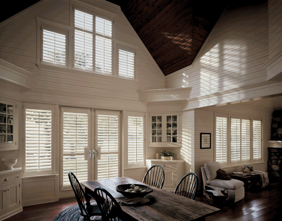 custom plantation shutters for open floor plan farmhouse style home Chicago IL