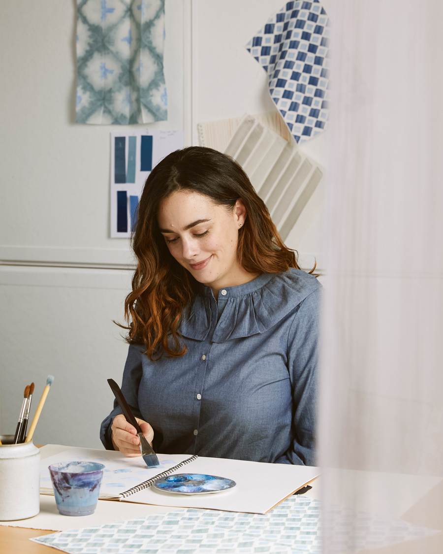 Textile artist Rebecca Atwood designing her fabrics