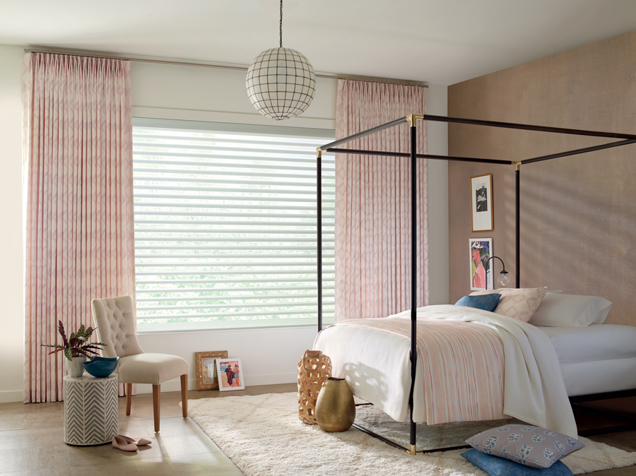 contemporary bedroom with design studio window treatments drapery and shades Portland