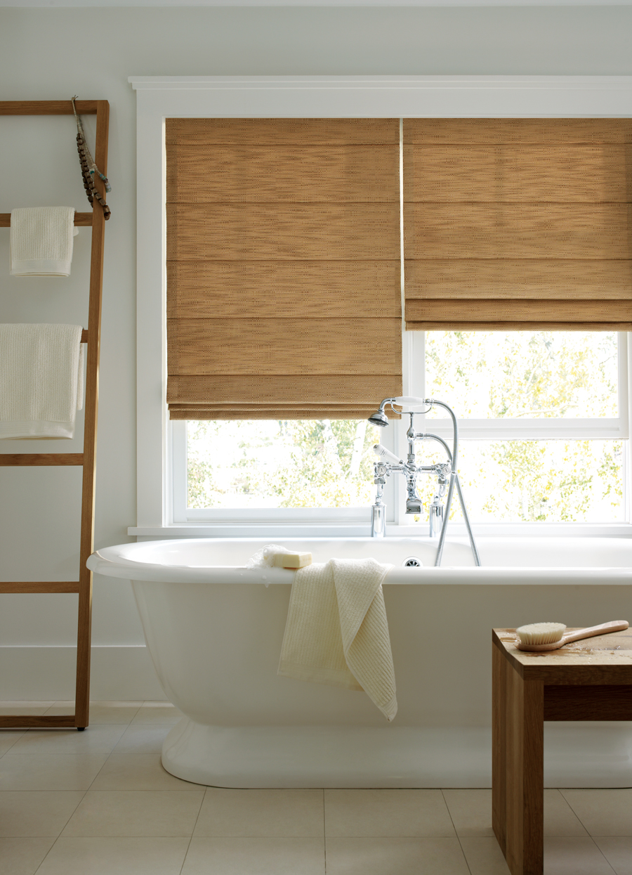 contemporary white bathroom design with design studio window treatments roman shades Beaverton