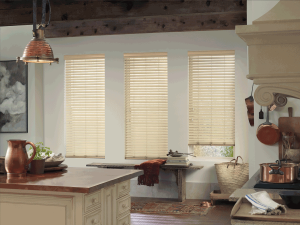 Natural colored farmhouse window treatments in a home in Chicago.