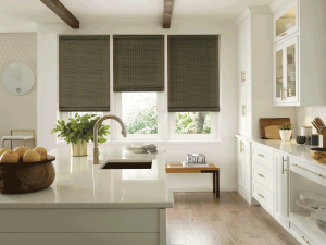 Farmhouse window treatments in a kitchen in Chicago home.