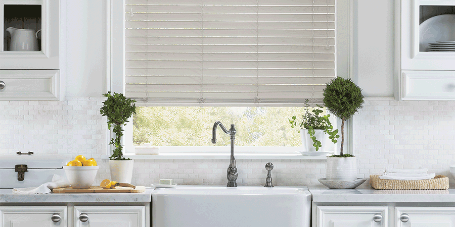 Farmhouse style window treatments in Chicago kitchen.