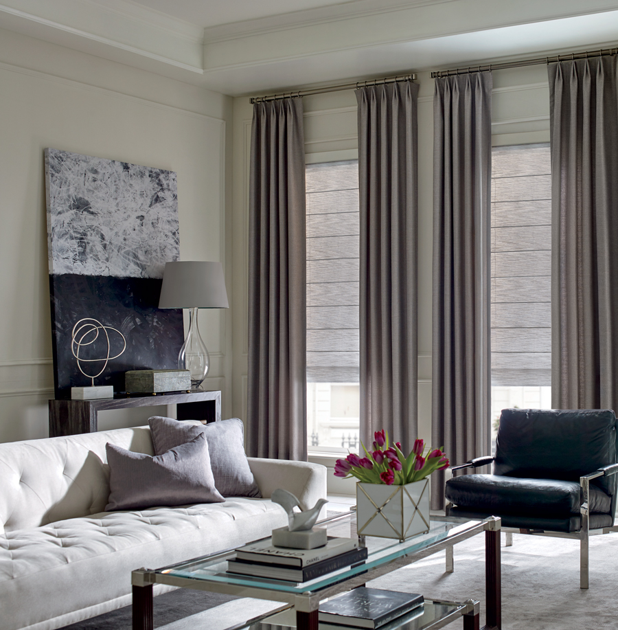 living room with hunter douglas design studio window treatments and coordinating home accents