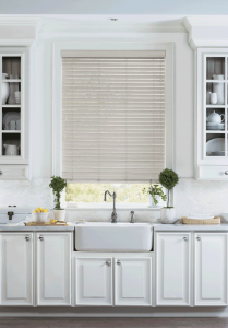 White kitchen in Chicago with farmhouse window treatments.