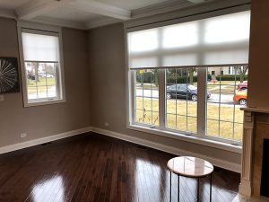 living room with neutral walls and hunter douglas cordless designer roller shades in Chicago 60657