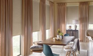 neutral roller shades with drapery side panels Portland OR