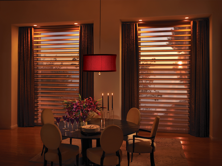 dining room with light filtering pirouette shades Chicago 60614