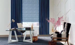 layered roman shades with dark blue drapery panels home office Vancouver WA
