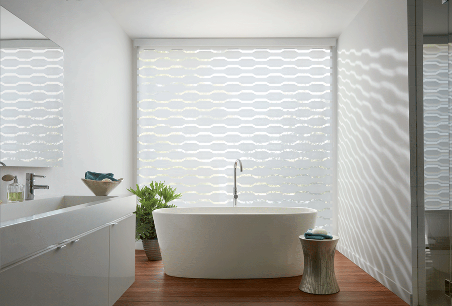 floor to ceiling window with white geometric pattern shades Chicago 60614