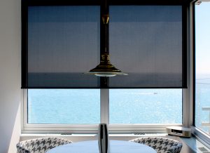 black screen roller shades over lake Michigan in Chicago IL