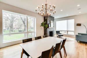 white screen roller shades in open floor plan home in Hinsdale IL