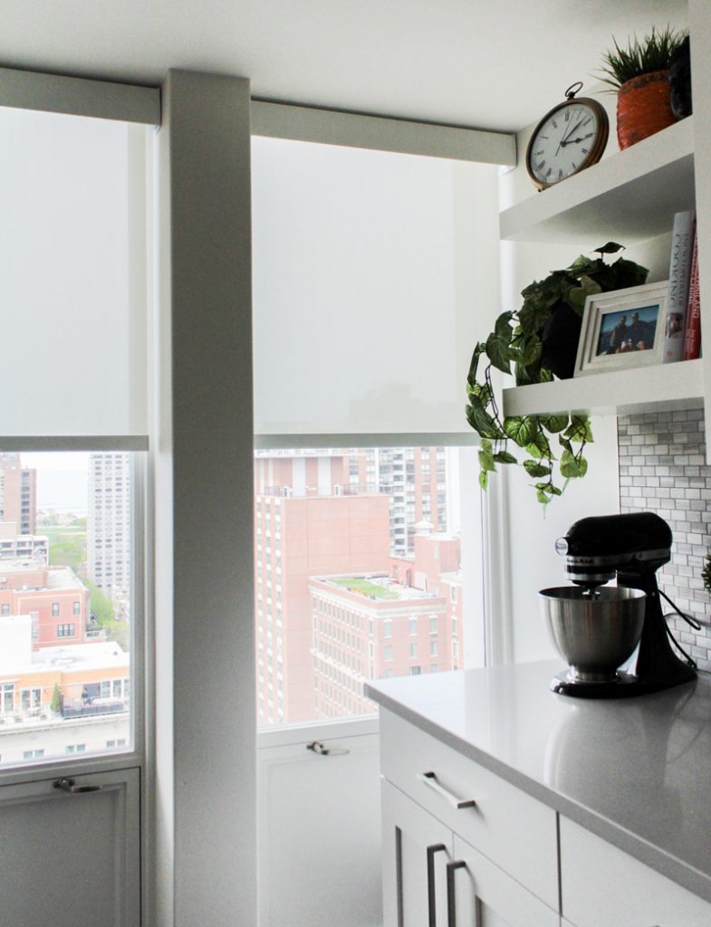 Chicago kitchen with white roller shades