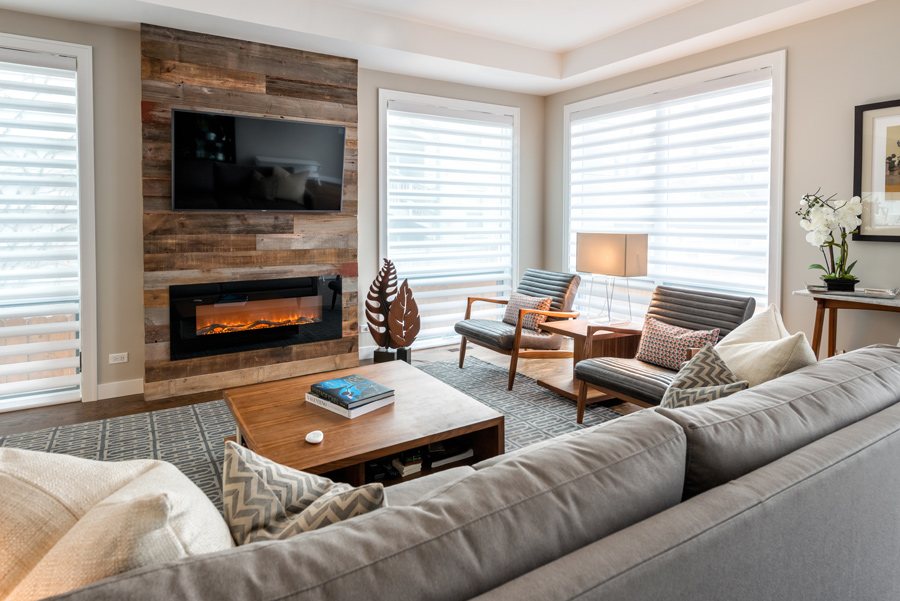 living room with large windows and pirouette window shades in Chicago IL