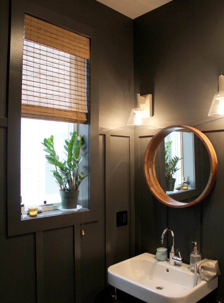 dark bathroom with natural colored woven shades Hinsdale IL