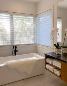 contemporary bathroom with sheer window shades in Vancouver WA