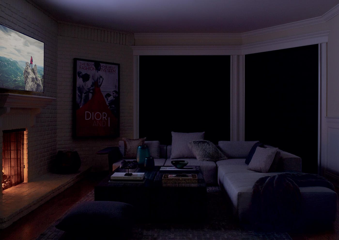 living room featuring blackout cellular shades with LightLock side channels