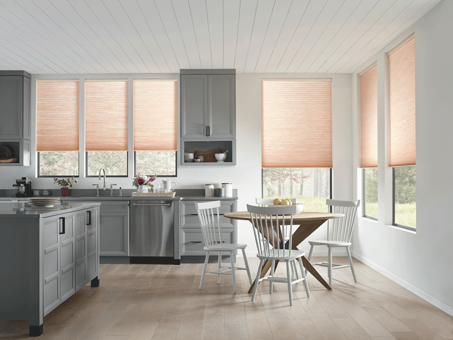 contemporary white kitchen with honeycomb shades Portland OR