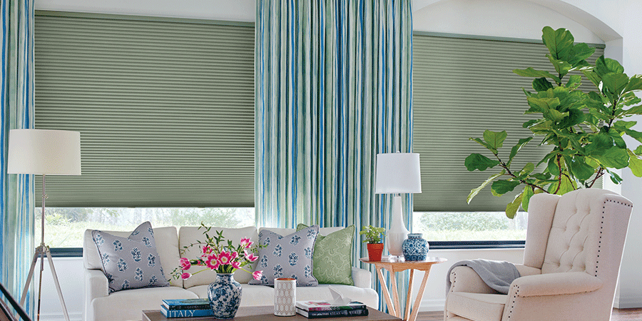 living room with layered window treatments and drapery skyline window coverings