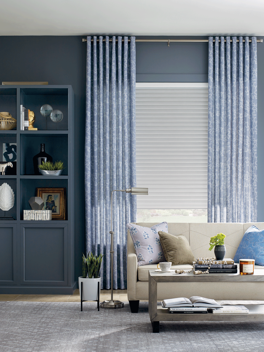 living room with blue color scheme layer window treatments chicago skyline window treatments