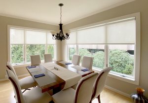 traditional dining room with contemporary white roller shades downer's grove IL