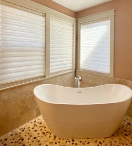 soft white solera roman shades in master bathroom in Vancouver WA