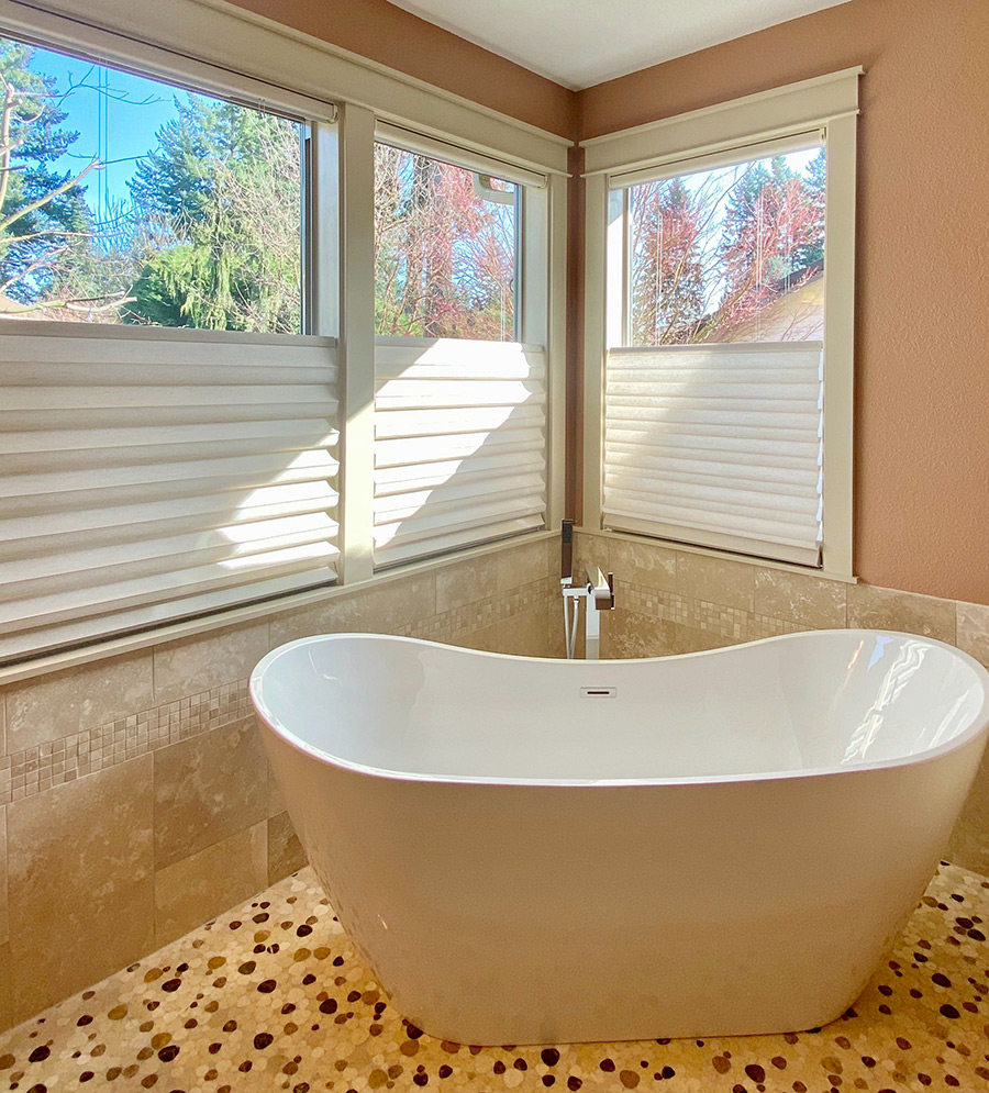 standing tub in corner of bathroom with top down shades Vancouver WA