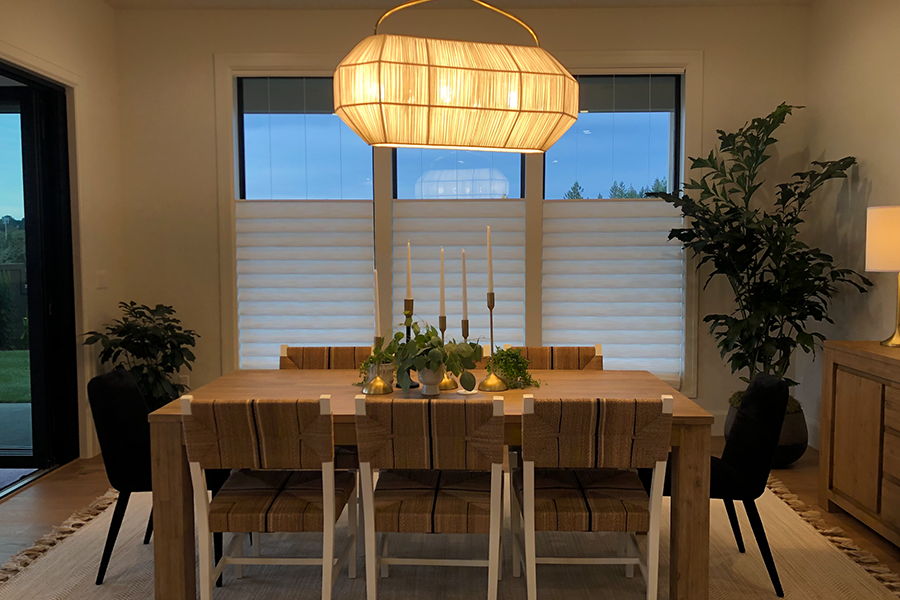 designer dining room woven chandelier with windows top down shades Vancouver WA 